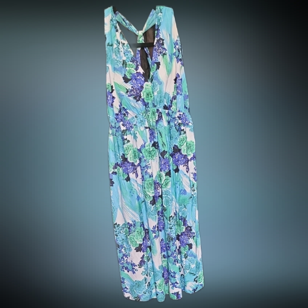 Floral V-Neck Maxi Dress in Aqua and Blue